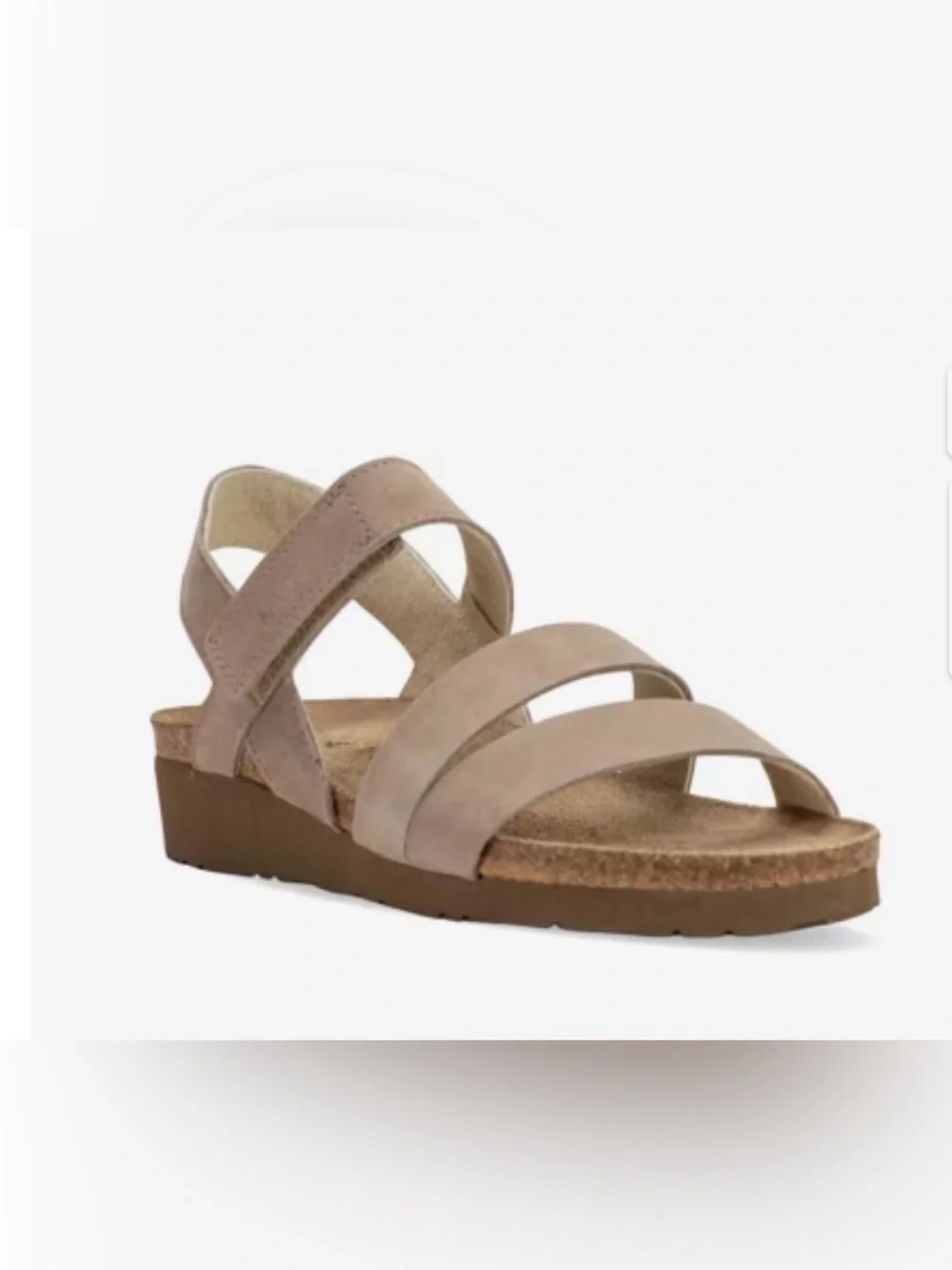 Naot Womens Kayla Sandal Sz 37 L6 Taupe Nubuck Strappy Low Wedge Cork Insole EUC
